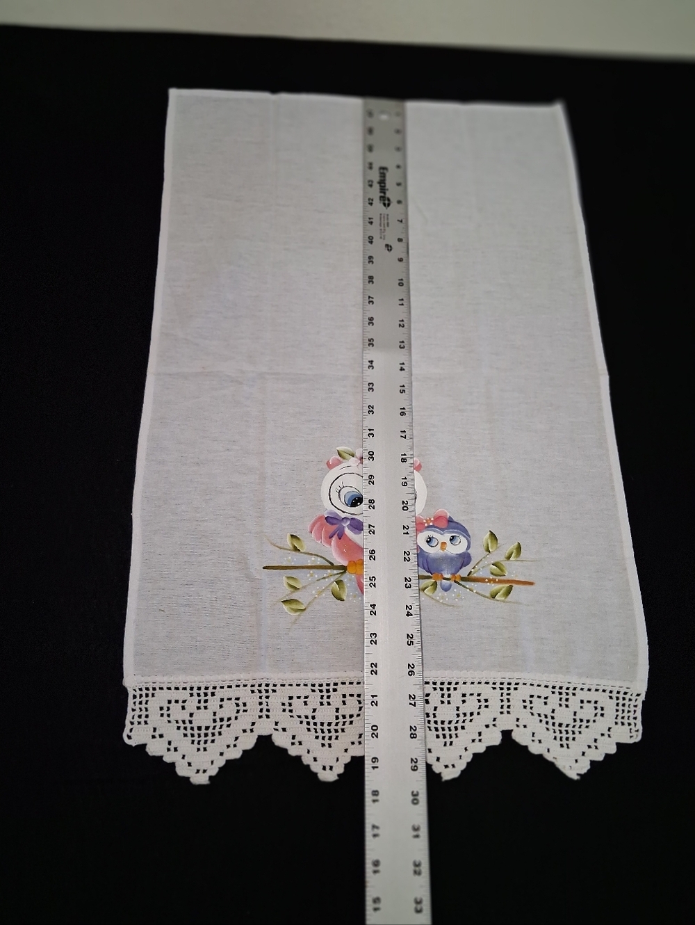 Painted Owl Tea Towel with Crochet Edge - White - Picture 4 of 4